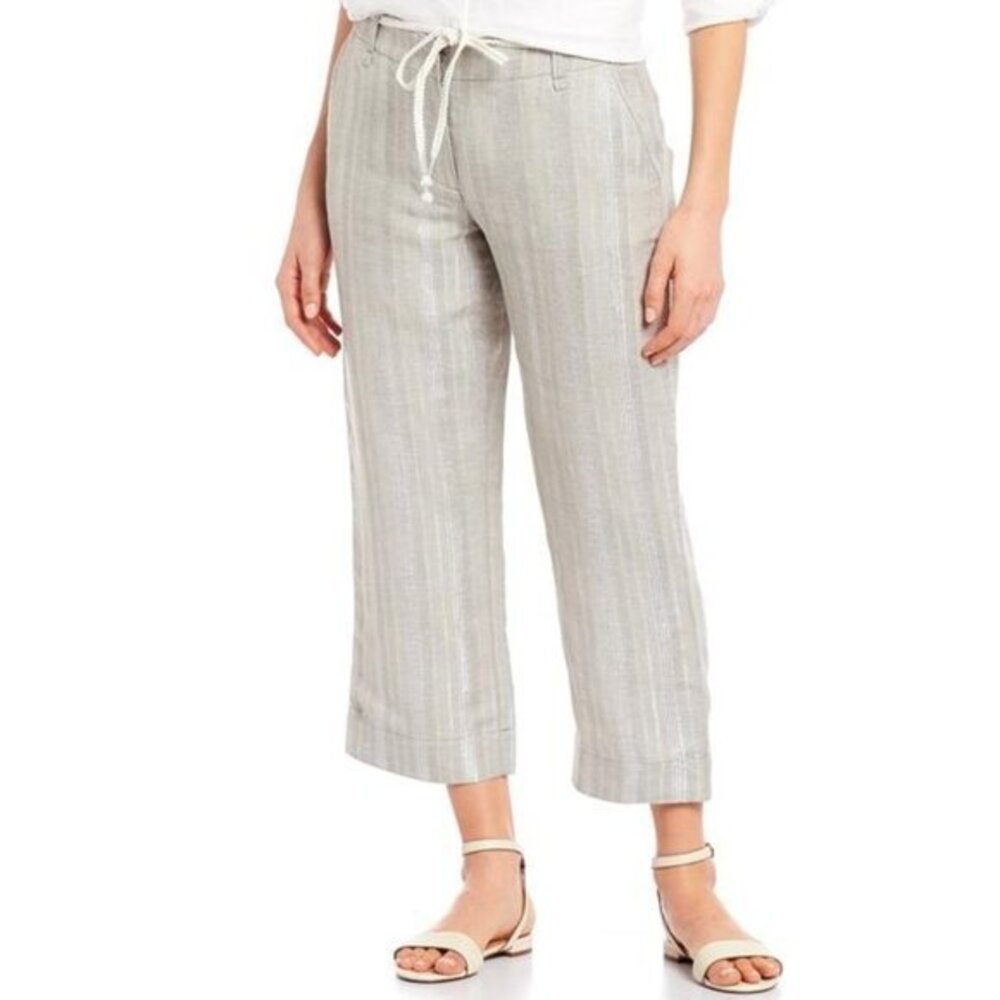 NWT Tommy Bahama Women's Striping Silver Crop Pants Vetiver Linen Blend SIZE 2